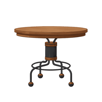 Round wooden table with metal base, isolated.