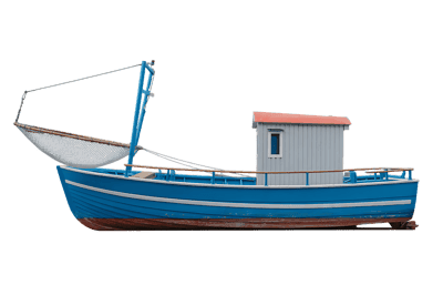 Small blue fishing boat with cabin isolated side view