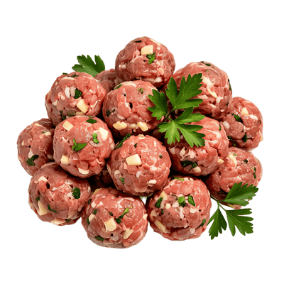 Close up of raw meatballs with parsley.