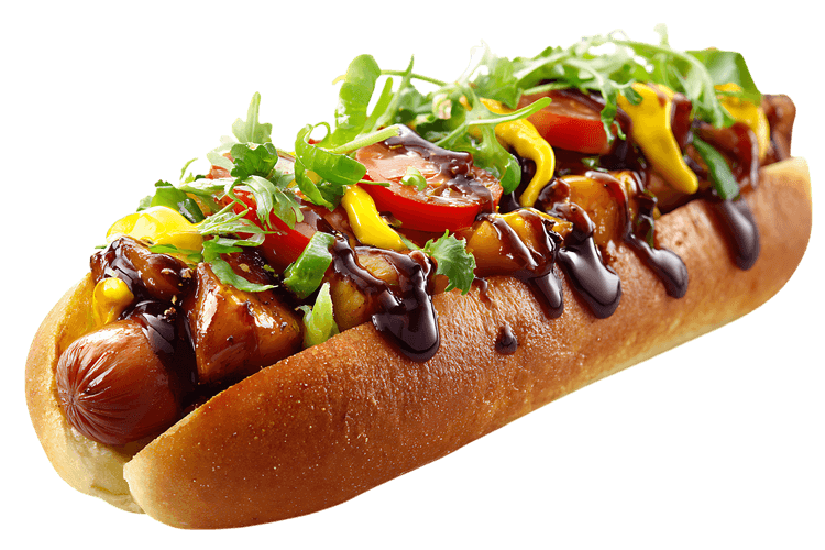 Gourmet hot dog with teriyaki glaze, relish, and greens.