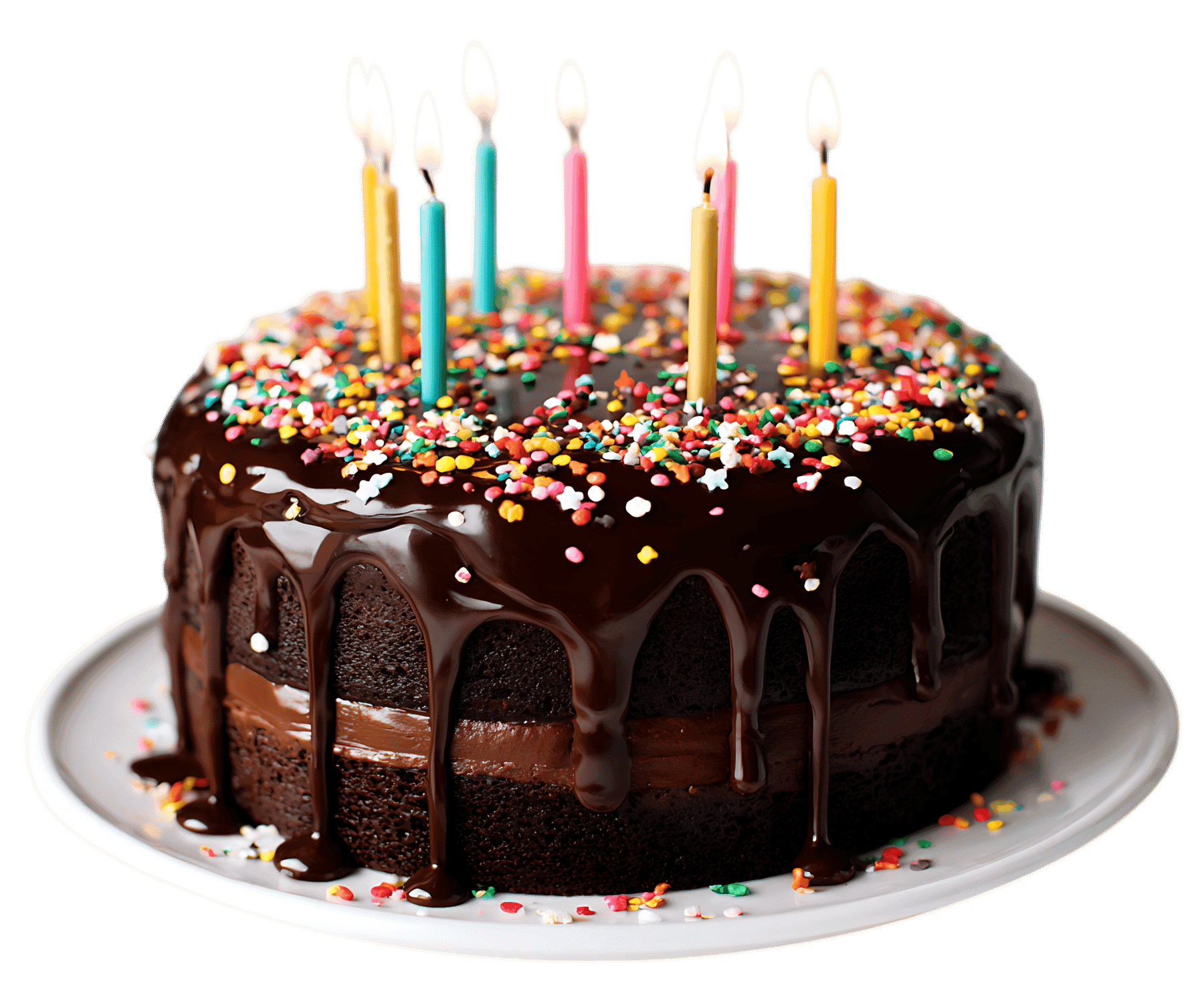 Delicious chocolate cake with colorful sprinkles and lit candles435.