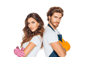 Team of professional cleaners. Man and woman ready for work.