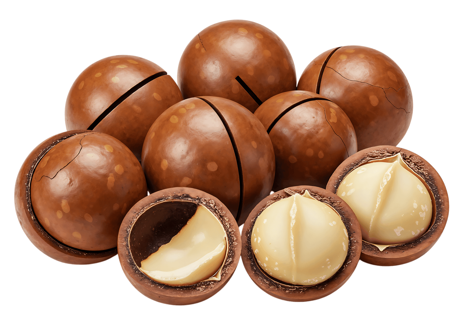 Macadamia nuts, whole and cracked, close up.