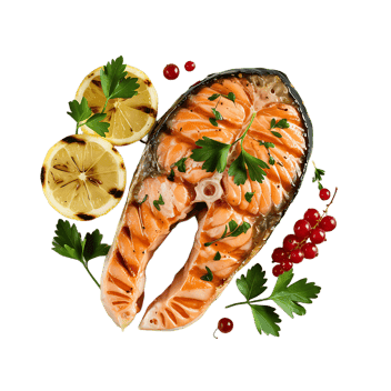 Delicious grilled salmon fillet with lemon and herbs.