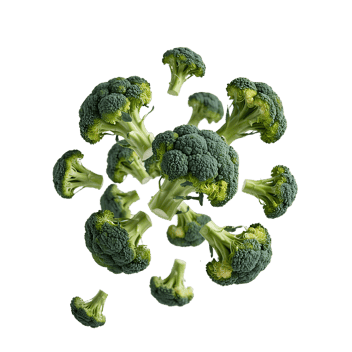 Vibrant green broccoli florets arranged in a circular pattern against a glitch art background.