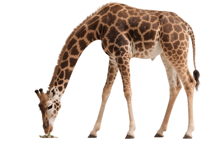 Giraffe eating leaves, isolated on transparent background