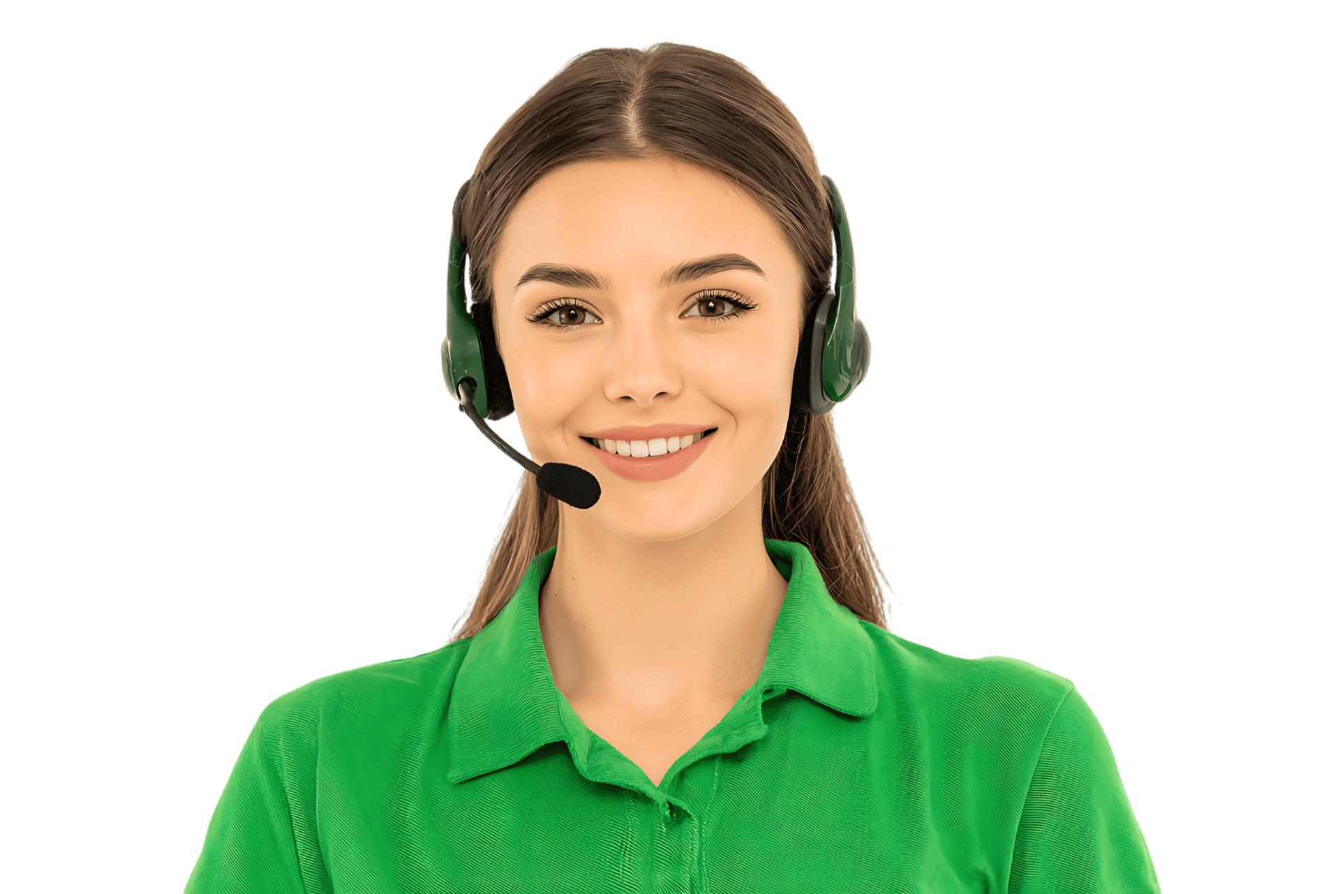 Smiling customer service agent wearing headset.