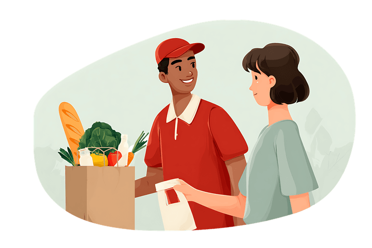 Grocery delivery, happy customer and delivery person