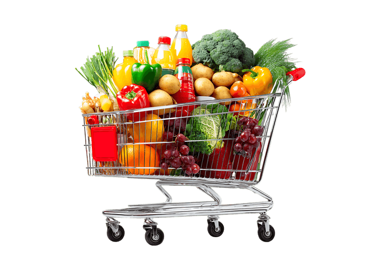 Fresh fruits, vegetables, and drinks in a supermarket shopping cart.