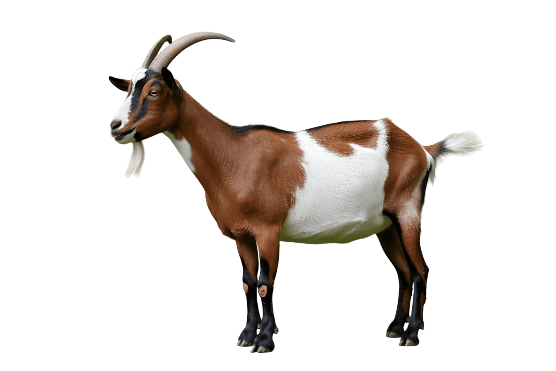Brown, white, and black goat with horns and goatee