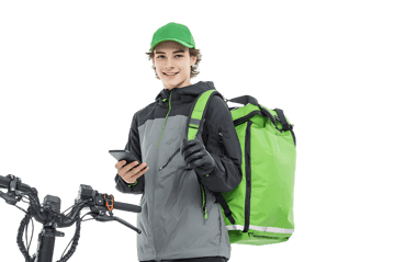 Food delivery man with e bike and insulated backpack