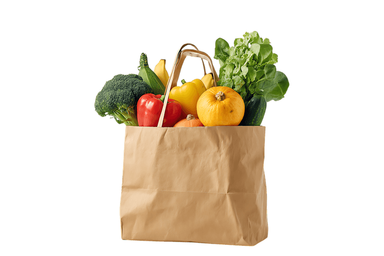 Brown paper bag filled with fresh produce.