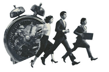 Businesspeople rushing against a large clock.