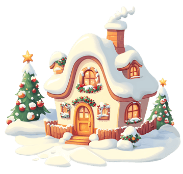 Snow covered house, Christmas trees, festive lights