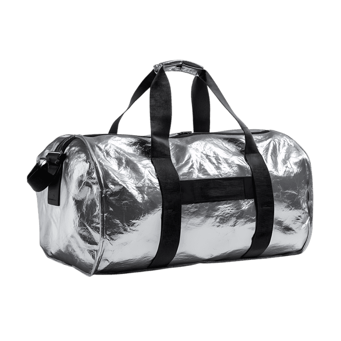 Sleek silver duffel bag perfect for travel