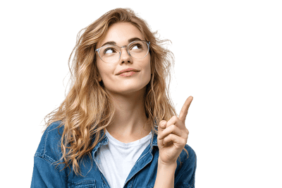 Woman in glasses pointing up, having a bright idea, isolated on black.
