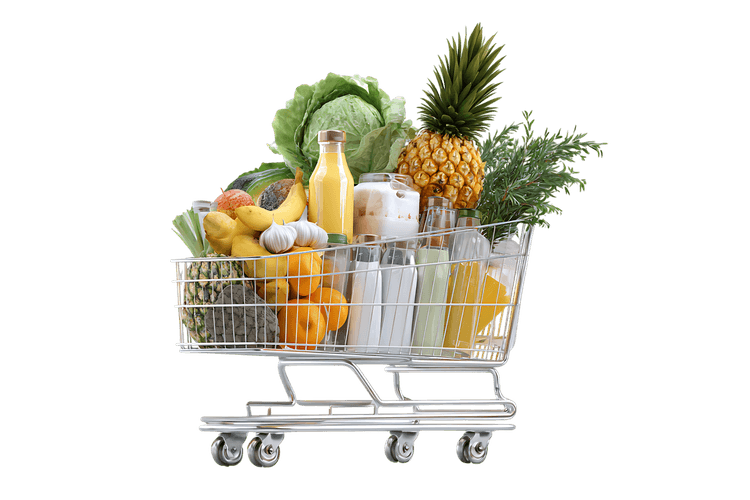 Healthy food shopping cart full of fresh produce, dairy, and juice.