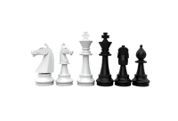 Contrasting chess pieces arranged on white background, symbolizing strategy and opposition in business or life