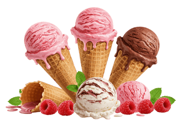 Delicious ice cream scoops in waffle cones with raspberries