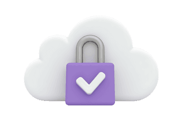 3D illustration of a purple padlock with checkmark on a cloud, representing secure cloud data protection