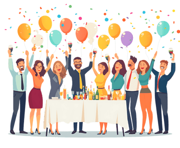 Happy colleagues celebrating with balloons and drinks.