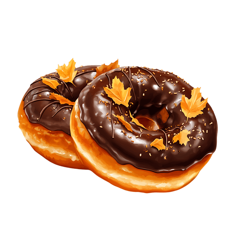 Two chocolate glazed donuts with autumn leaves