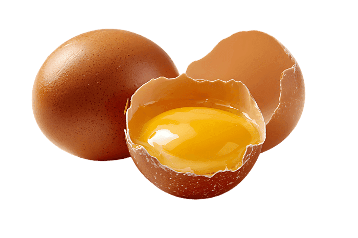 Brown eggs, one whole, one cracked open revealing a vibrant yolk.