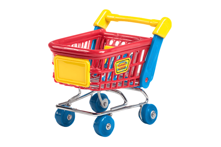 Colorful plastic toy shopping cart on white background.