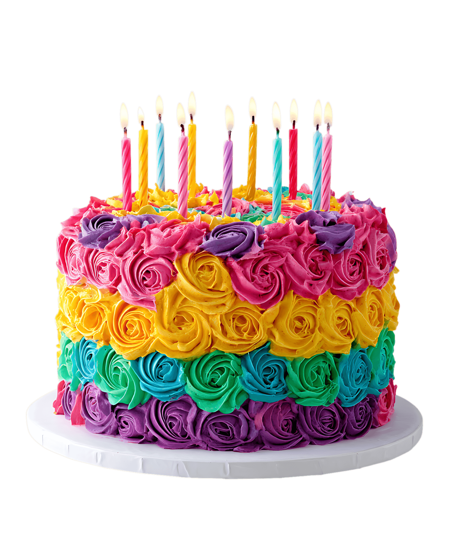 Rainbow rosette birthday cake with lit candles.