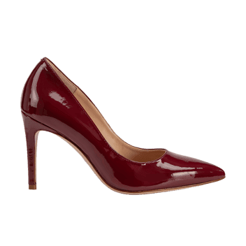 Elegant burgundy patent leather high heels, perfect for a formal occasion.