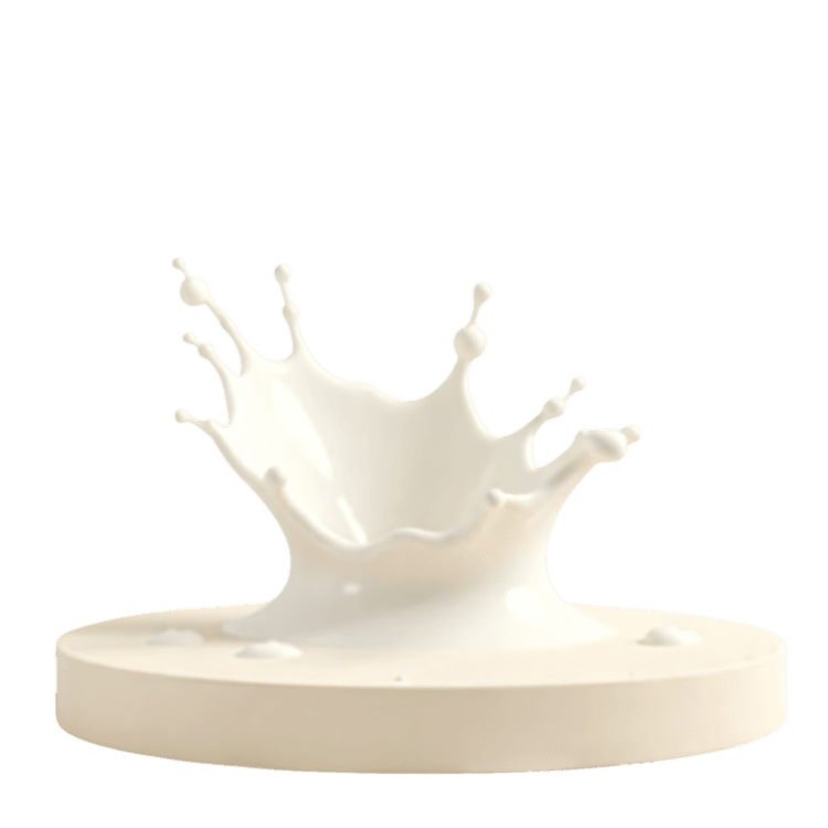 Dynamic milk droplet splash forming a crown shape on a white circular platform, isolated on white background