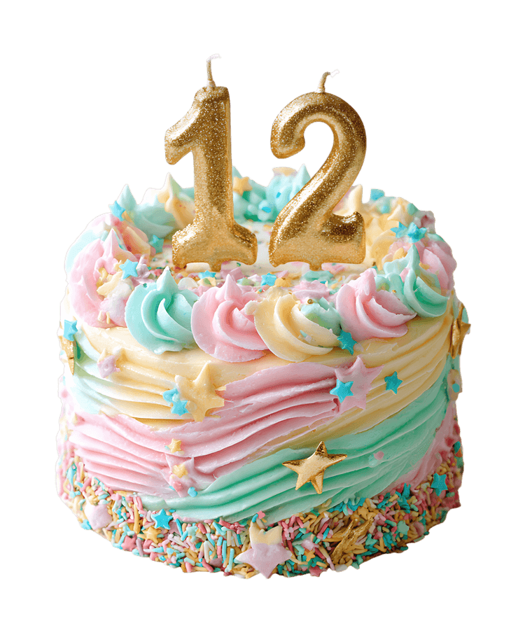 A pastel-colored birthday cake with gold candles.