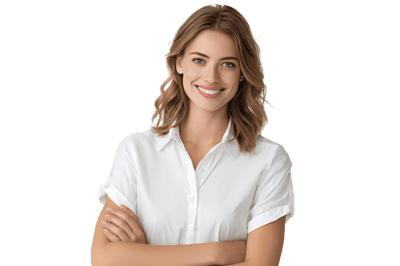Portrait of a smiling, confident young woman in a white shirt.