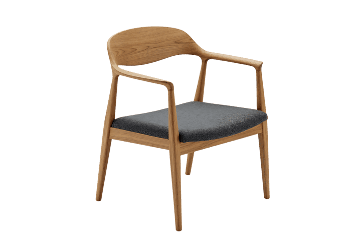 Modern wooden armchair with gray fabric seat