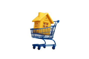 Yellow house model in a blue shopping cart.