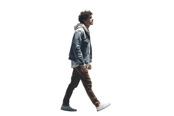 Young man in casual wear walking, side profile view.