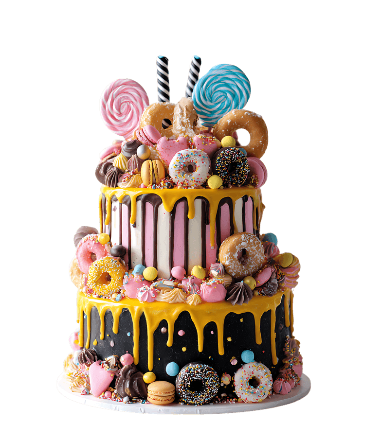 A three-tiered cake decorated with colorful candies and donuts.
