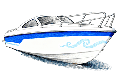 Illustration of a white and blue motorboat on the water