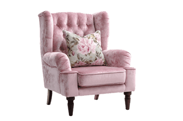 Pink velvet armchair with floral cushion