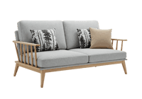 Modern light grey fabric sofa with wooden legs and pillows