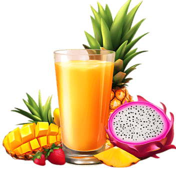 Tropical fruit smoothie in glass. Pineapple, mango, dragon fruit, strawberry.