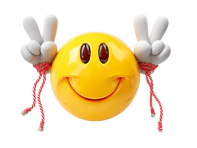 Smiling emoji with peace signs, a symbol of happiness