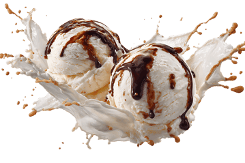 Two scoops of vanilla ice cream with chocolate sauce, splash effect426.