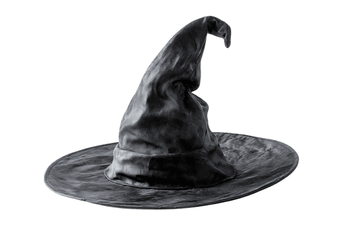 Close up of a classic witch's hat, isolated on black.