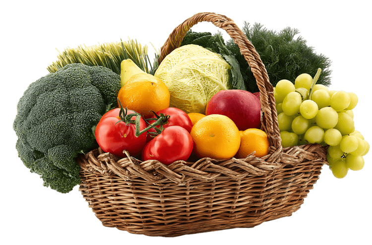 Fresh fruits and vegetables in a wicker basket