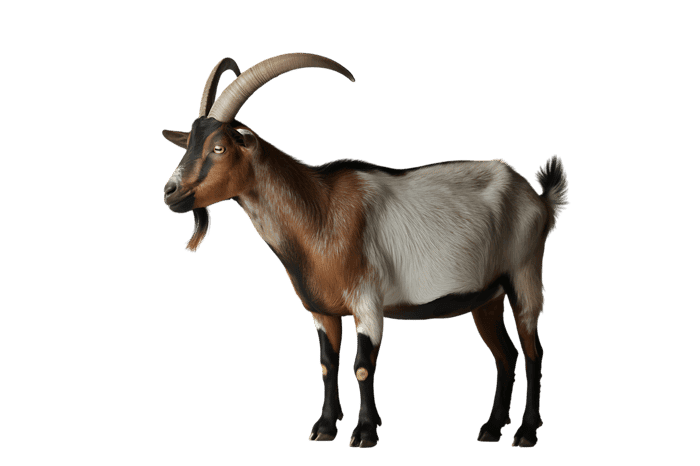 Goat with long horns and multi colored fur