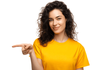 Happy woman in yellow t shirt pointing finger to the side. Great for advertising.