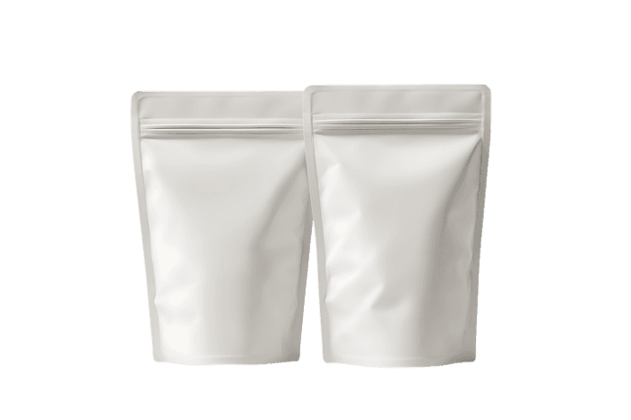 Two blank white stand up pouches with zippers.