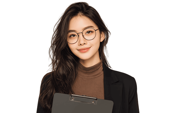 Confident young woman in glasses holding a clipboard.