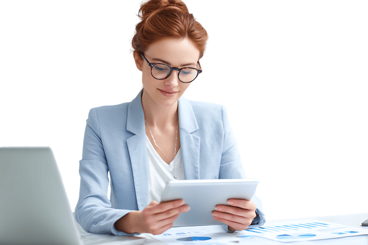 Focused businesswoman reviewing data on digital tablet, office work, analysis
